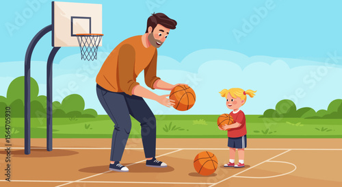 Cartoon Father and Daughter Playing Basketball Together on Outdoor Court.
