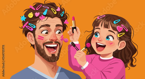 Cartoon Father and Daughter Playing Dress Up with Makeup and Hair Accessories.