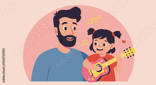 Cartoon Father and Daughter Playing Guitar Together Expressing Joy and Musicality.