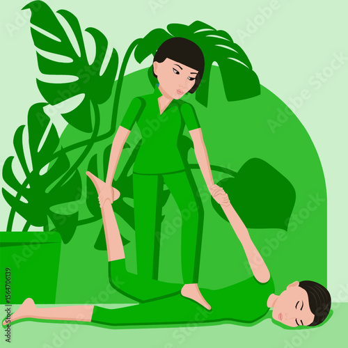 Shiatsu full body massage. Therapy and treatment by professional therapist in SPA. Isolated flat vector illustration. Asian ethnicity.
