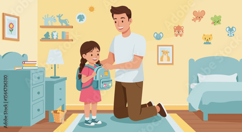 Cartoon girl with brown braids wearing a blue backpack with stickers.