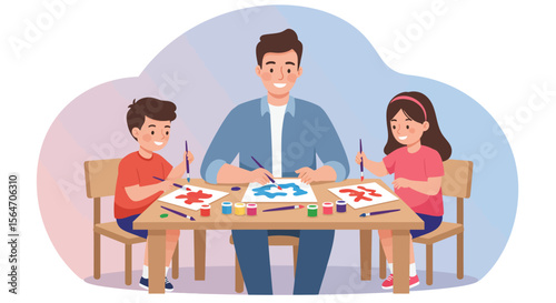 Cartoon Illustration of a Man and Two Children Painting at a Table.