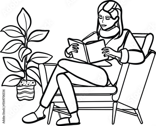 National Book Lovers Day Woman Reading in Cozy Armchair with Plant