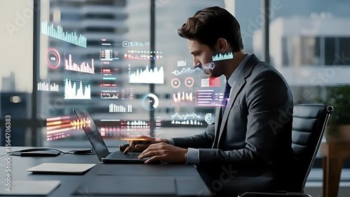 Focused Business Professional working at a desk with holographic interface.