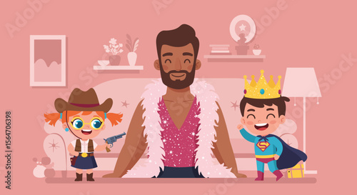 Cartoon Man in Pink Sequin Top and Feather Boa Smiling with Beard.