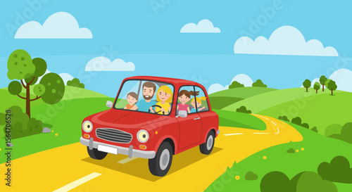 Cartoon Red Car with Family Inside Road Trip Adventure Illustration.