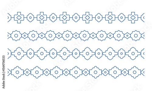 Oriental style line arabic mosaic border set. Simple geometric indian, arabic, moroccan, thai seamless border patterns
