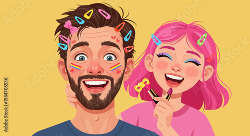 Cartoon man with beard hair clips rainbow flag and heart face paint.