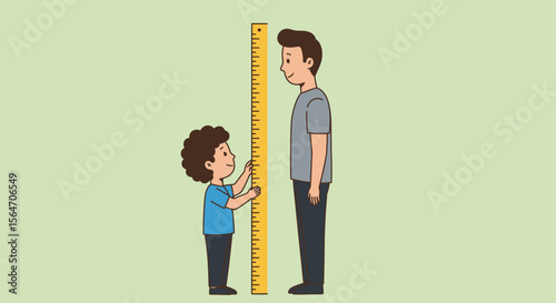 Cartoon of a Boy Measuring His Height Against a Yellow Ruler Next to an Adult.