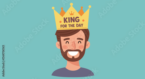 Cartoon Man with Crown King for the Day with a Cheerful Expression.