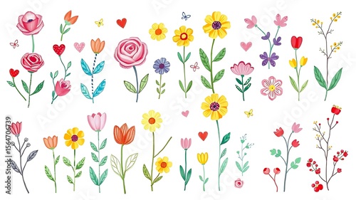 Watercolor floral elements collection featuring variety of flowers butterflies and hearts on white background