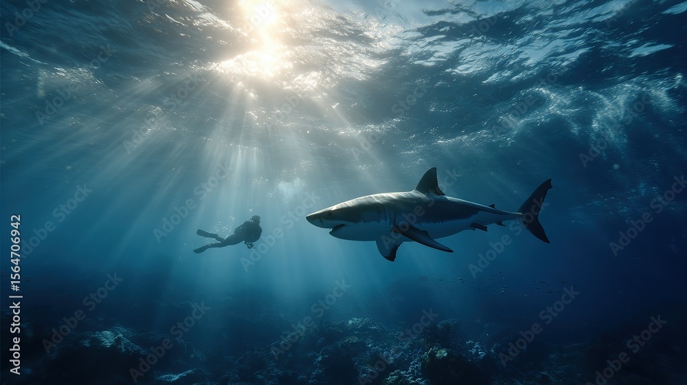 Fototapeta premium Underwater Encounter Diver and Great White Shark in Sunlit Ocean Depths