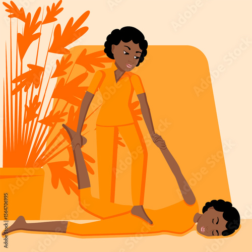 Shiatsu full body massage. Therapy and treatment by professional therapist in SPA. Isolated flat vector illustration. African ethnicity.