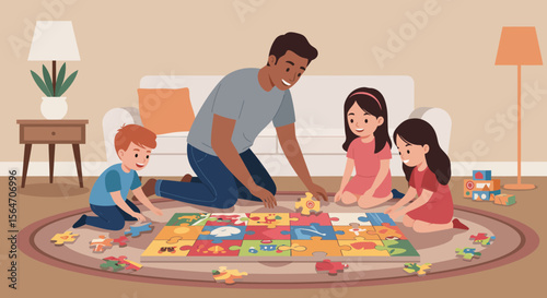 Father and Children Completing a Colorful Jigsaw Puzzle on a Brown Rug.