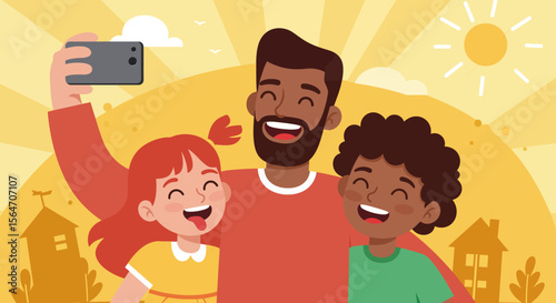 Father and Children Taking a Selfie with a Smartphone Smiling and Happy.