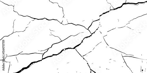 "High-contrast cracked wall texture with black fracture lines on a white background. Perfect for grunge designs, aged surfaces, urban decay effects, or abstract graphic overlays"
