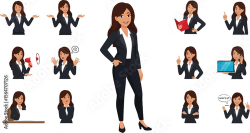 Businesswoman character vector set with different poses and expressions design