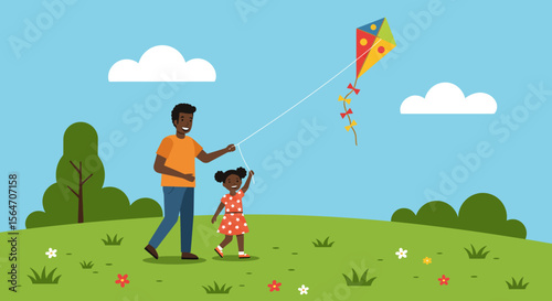 Father and Daughter Flying a Colorful Diamond Kite Together Outdoors.