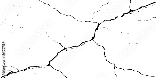 "High-contrast cracked wall texture with black fracture lines on a white background. Perfect for grunge designs, aged surfaces, urban decay effects, or abstract graphic overlays"