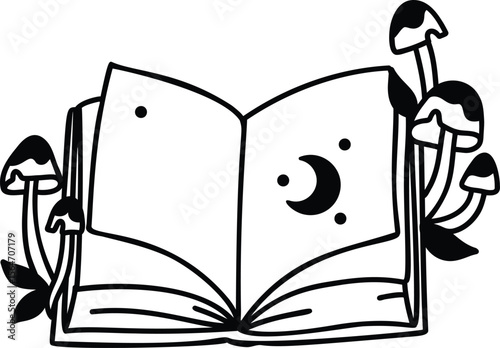 National Book Lovers Day Open Book with Moon Stars and Mushrooms