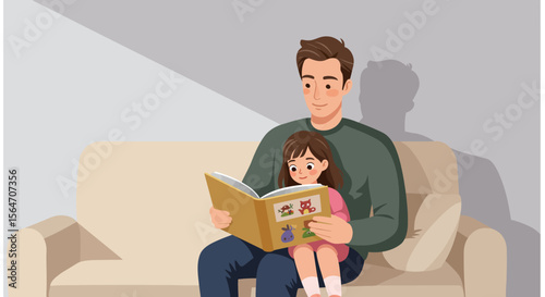 Father and Daughter Reading a Storybook Together on the Couch.