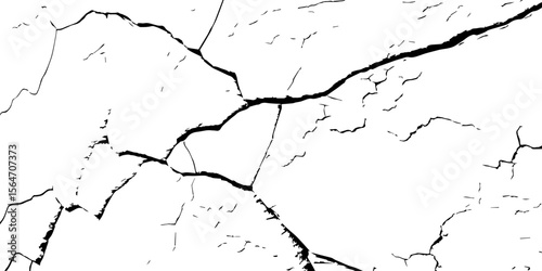 "High-contrast cracked wall texture with black fracture lines on a white background. Perfect for grunge designs, aged surfaces, urban decay effects, or abstract graphic overlays"
