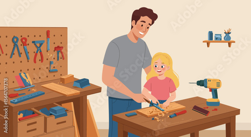 Father and Daughter Woodworking Together Using Chisel on Wood Plank Smiling.