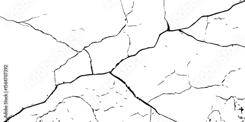 "High-contrast cracked wall texture with black fracture lines on a white background. Perfect for grunge designs, aged surfaces, urban decay effects, or abstract graphic overlays"