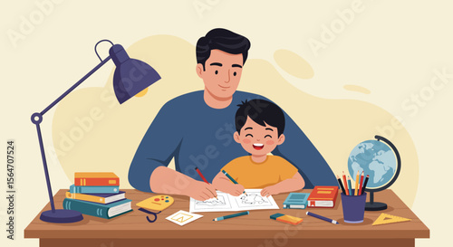 Father and Son Drawing Together at a Wooden Desk with School Supplies.
