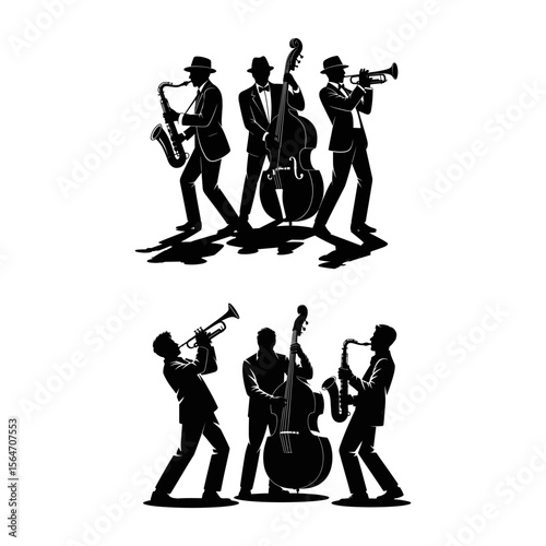 A set of two dynamic black silhouettes depicting jazz musicians passionately playing saxophone, trumpet, and double bass, evoking a sense of classic musical performance.
