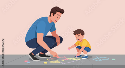 Father and Son Drawing with Chalk on Sidewalk Smiling and Enjoying Creative Activity.