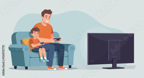 Father and Son Playing Video Games Together on a Blue Sofa Holding Controllers.