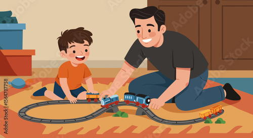 Father and Son Playing with a Toy Train Set on the Floor.