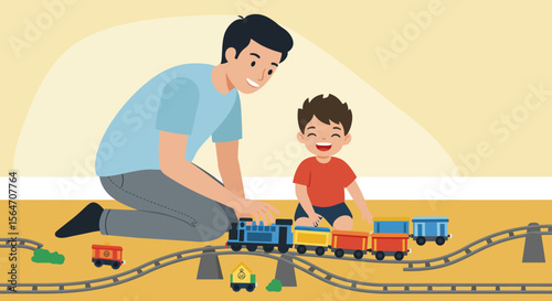 Father and Son Playing with a Colorful Toy Train Set on the Floor.