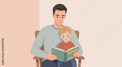 Father and Son Reading Together Bonding Over a Book Cartoon Illustration.