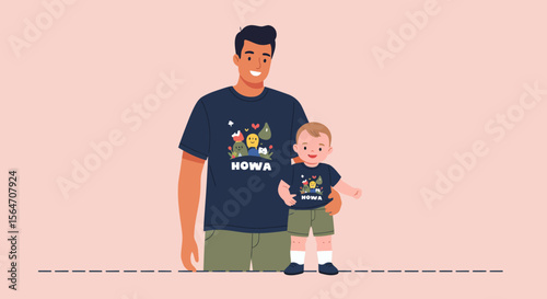 Father and Son Wearing Matching HOWA TShirts with Cartoon Characters.