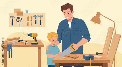 Father and Son Woodworking Together Sawing Wood with Hand Saw.