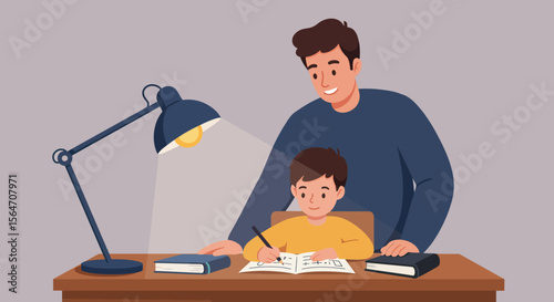 Father helping son with homework at wooden desk under lamp light.