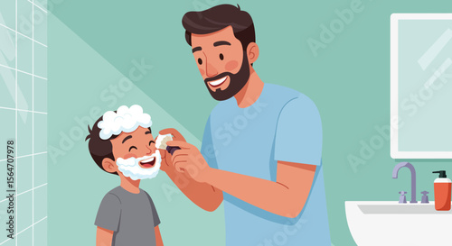 Father applying shaving cream to his smiling sons face with a brush.