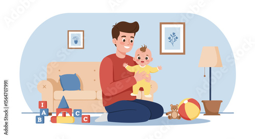 Father Holding Baby in Yellow Onesie with Arms Outstretched Smiling.
