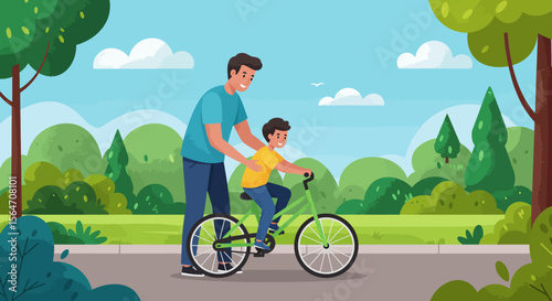 Father teaching son to ride a green bicycle in a park setting.