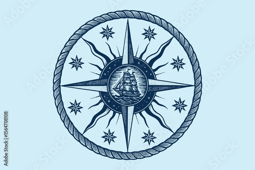 Nautical compass with ship engraving vintage style vector illustration