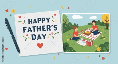 Fathers Day Card with Picnic Illustration and a Dark Blue Pen.