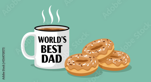 Fathers Day Coffee Mug with Donuts Worlds Best Dad Text and Steaming Coffee.