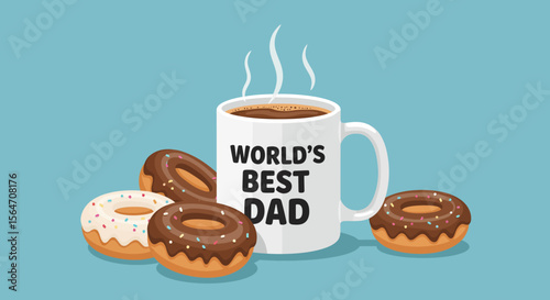 Fathers Day Coffee Mug with Worlds Best Dad and Donuts Illustration.