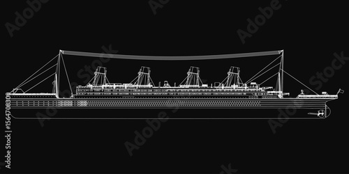 Blueprint displays the iconic passenger ship with intricate details on a black background. The drawing highlights the stern, masts, and sails with precision.