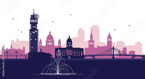 Urban landscape with a large fountain on river