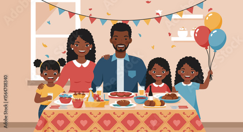 Happy African American Family Celebrating at Home with Balloons and Festive Decorations.