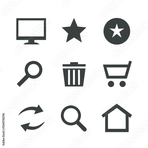 Collection of nine dark gray user interface icons isolated on white background