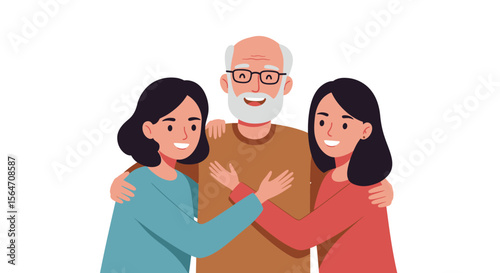 Happy Grandfather Embraced by Two Smiling Granddaughters in a Heartwarming Family Moment.